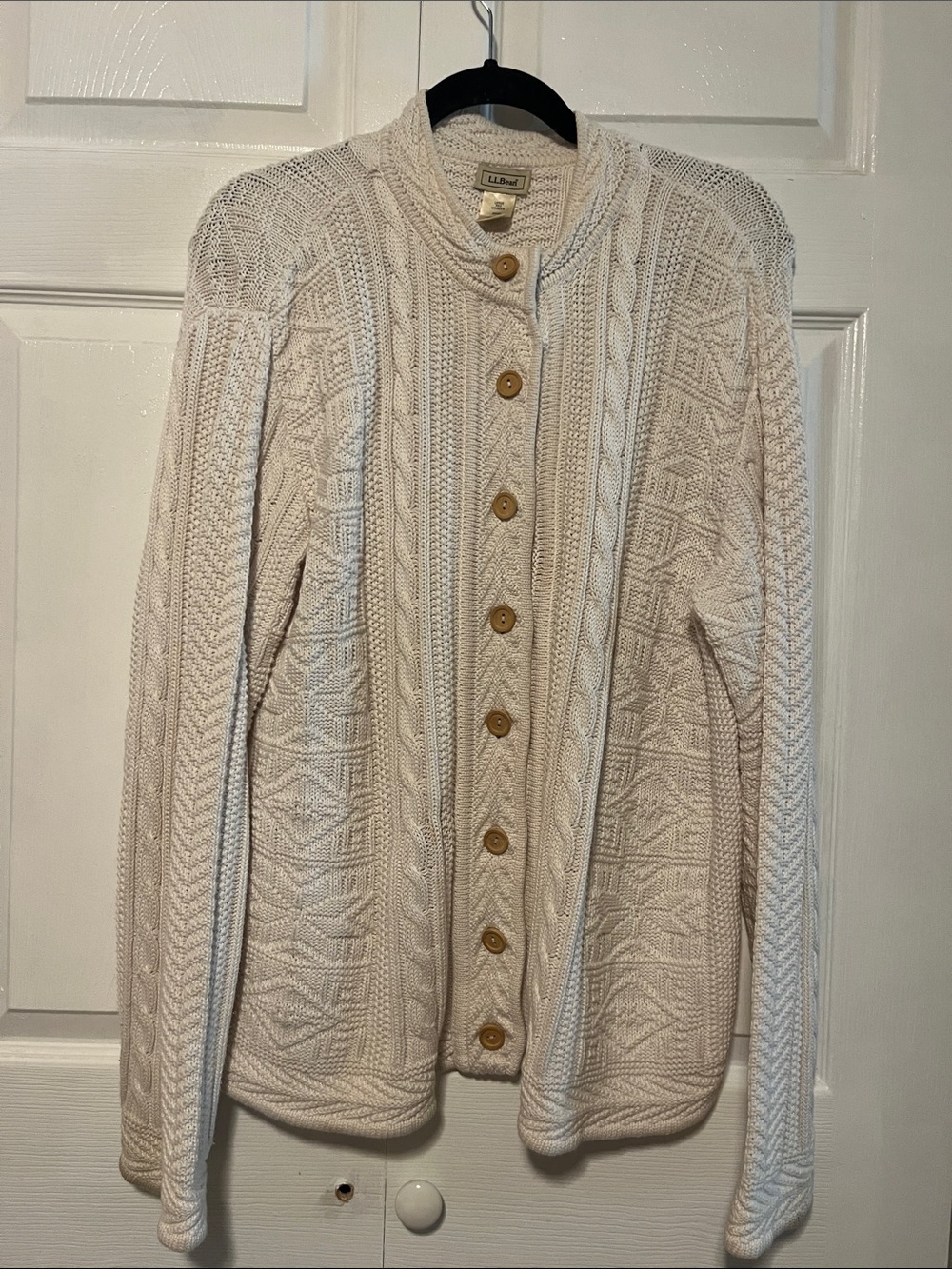 L.L. Bean Cream Cable-Knit Button Cardigan